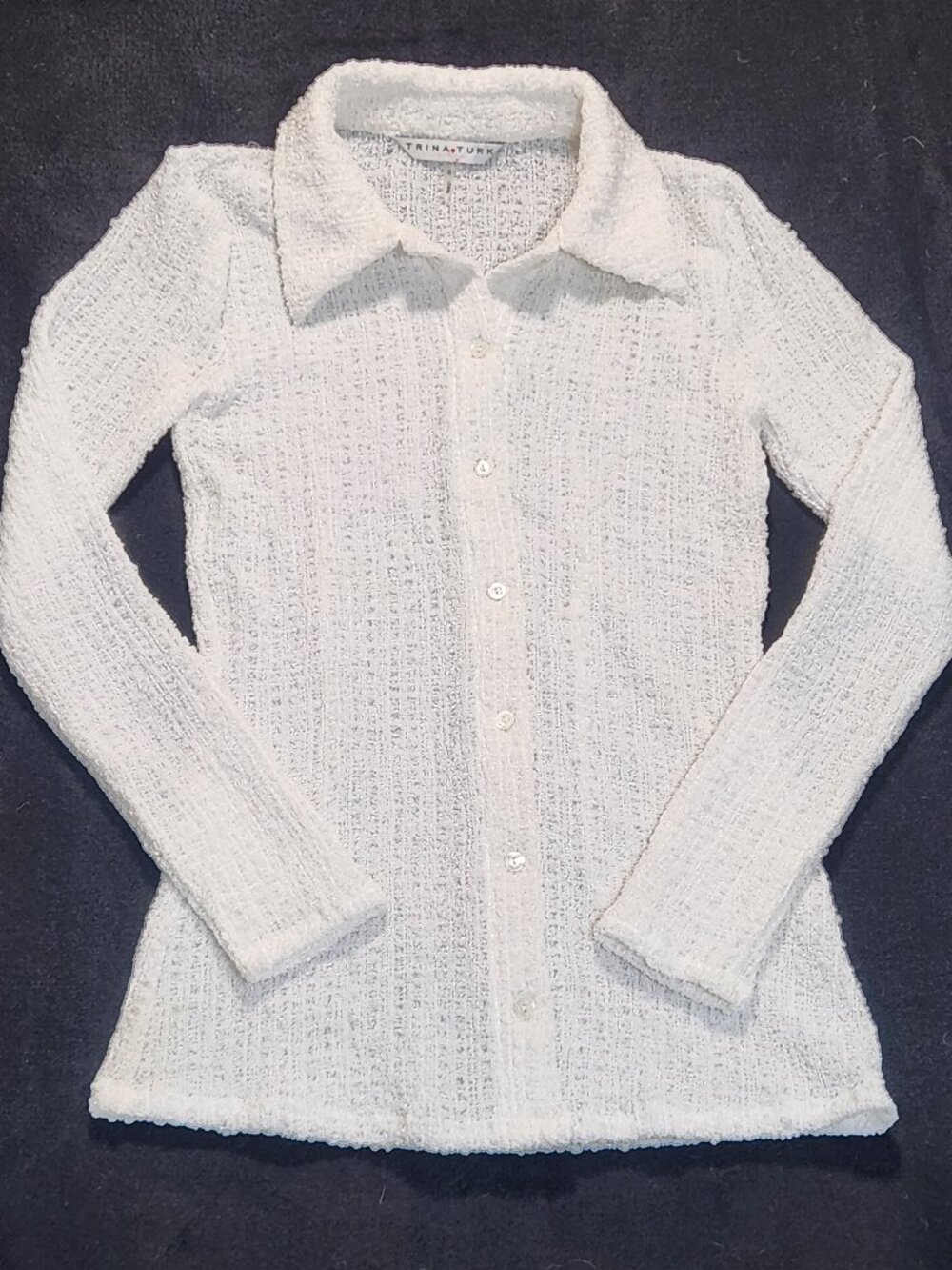 Trina Turk Ivory Textured Boucle Popcorn Eyelash Knit Button Up Shirt Blouse S